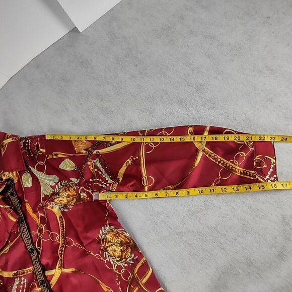 Boohoo Red Gold Chain Tassel Print Satin Button Down Blouse Womens Size 12 - Picture 9 of 12